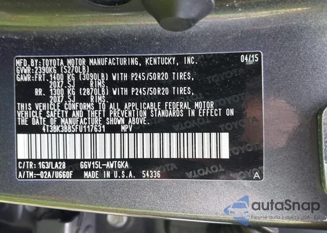 2015 Toyota Venza Limited V6 from USA, damaged, VIN 4T3BK3BB5FU117631